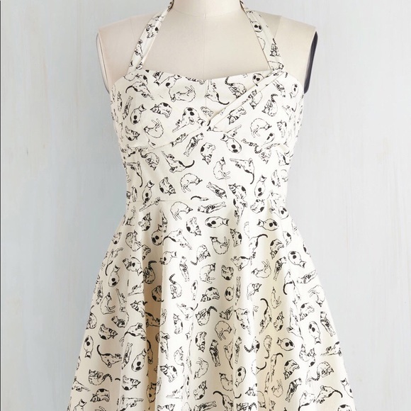 Modcloth Dresses & Skirts - ModCloth PinUp Cat Print Fit & Flare Halter Dress